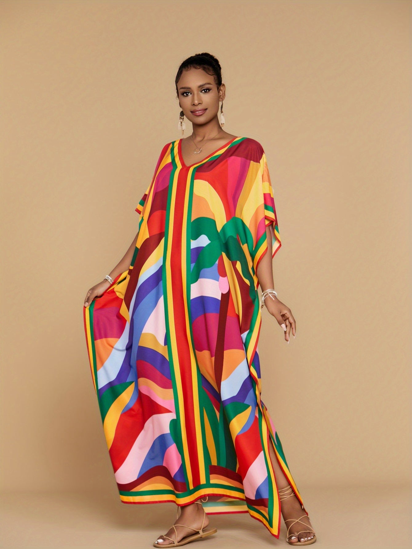 [Coconut Tree Printed Kaftan Dress] Christmas Red Yellow Coconut Tree Printed Kaftan Dress - Four Side Elastic Long Beach Holiday Style V-Neck Loose Large Size Swimwear Cover Up Ethnic Style Casual Home Robe