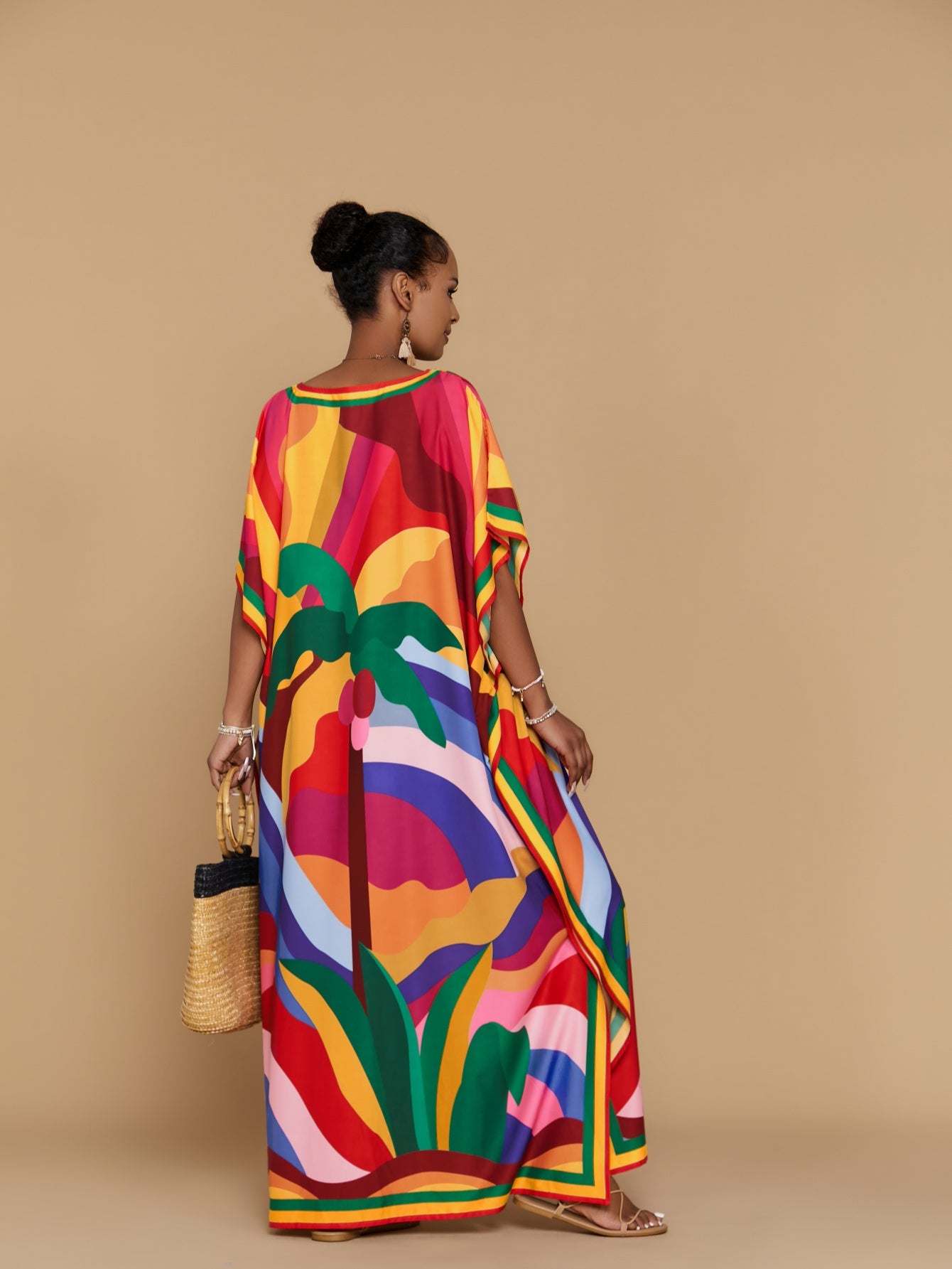 [Coconut Tree Printed Kaftan Dress] Christmas Red Yellow Coconut Tree Printed Kaftan Dress - Four Side Elastic Long Beach Holiday Style V-Neck Loose Large Size Swimwear Cover Up Ethnic Style Casual Home Robe