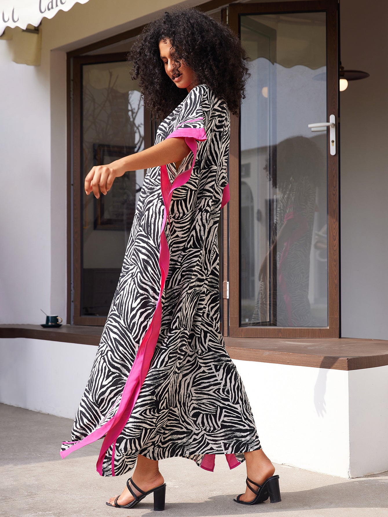 Women's Kaftan Beach Dress, Seaside Cover-up, Man- Positional Print, Under-slit V-neck Robe, Resort Style