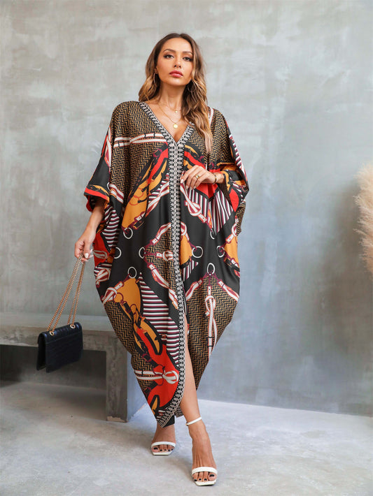 Women's Bohemian Robe - Long Robe with Elastic Sides, Loose Fit Cover-Up for Home, Travel, Lounge - Plus Size Friendly Maxi Wrap in Black/Red/Orange/White/Beige/Brown/Gray/ - Easy Hand Wash Care, Cozy Robe