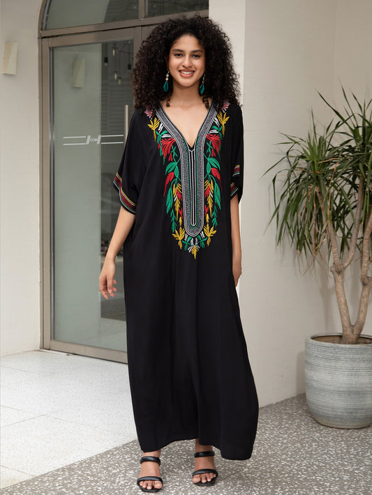 Women's Black Long Beach Cover Up Vacation Robe Bikini Shirt Middle Eastern Robe Beach Swimsuit Cover Up