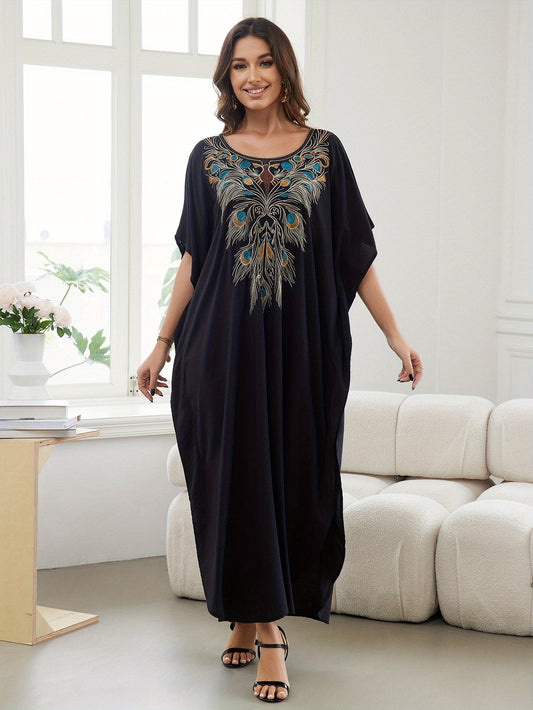 Women's Long Kaftan Beach Cover Up Embroidered Vacation Robe Bat Sleeve Side Slit Swimsuit Cover Up