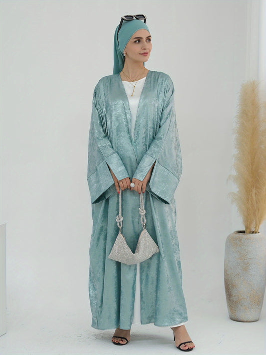 Women's Elegant Lightweight Shimmering Imitation Satin Open Abaya - Gradient Color Loose Fit Batwing Sleeves, No Belt Needed, Machine Washable for Ramadan & All Seasons, Modest Apparel