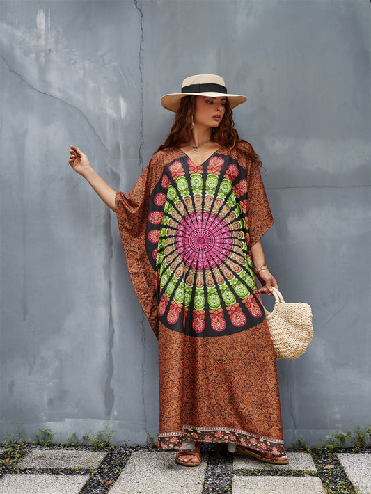Colorful Women's Geometric Pattern Kaftan Dress - V-Neck, Side Slit, Long Beach Cover-Up in Brown with Fringe Detail - Lightweight Polyester, Ideal for Spring/Summer/Fall, Poolside Attire|Breezy Beachwear|Glossy Finish
