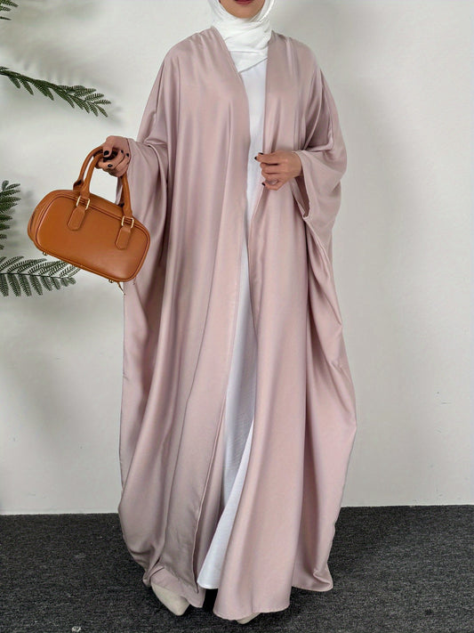 Elegant Plus Size Long Batwing Sleeve Abaya - Loose Fit, Solid Color Polyester Kaftan Cardigan for Muslim Women, Middle Eastern, Arab