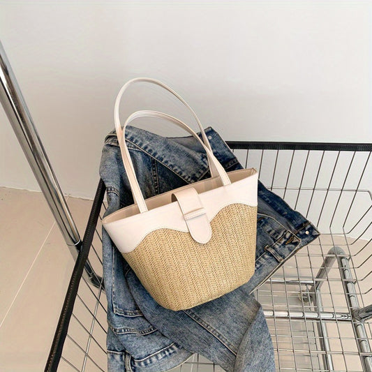 Large Capacity Straw Woven Handbag Bucket Bag, Women's Vintage Shoulder Bag, Casual Lightweight Beach Bags