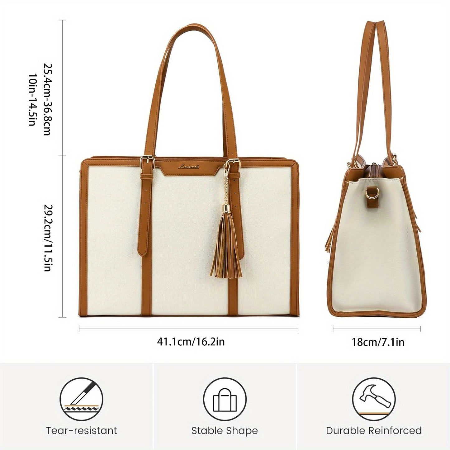 Women's 15.6 inch Laptop Tote Bag - Elegant Urban Style, White Canvas Leather with Zipper Closure - Business, Travel, Casual | Adjustable Strap | Durable Canvas Lining