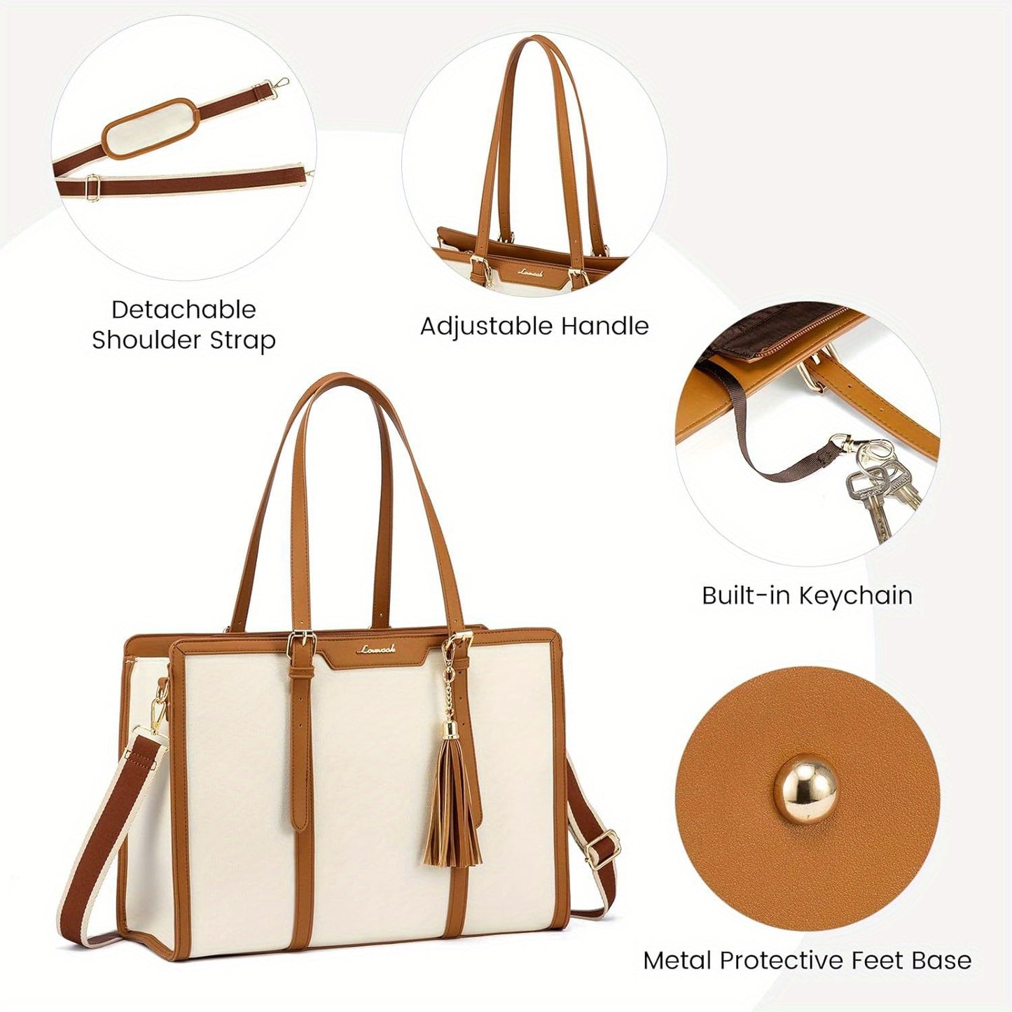Women's 15.6 inch Laptop Tote Bag - Elegant Urban Style, White Canvas Leather with Zipper Closure - Business, Travel, Casual | Adjustable Strap | Durable Canvas Lining