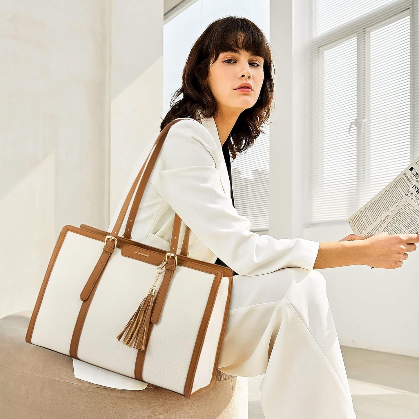 Women's 15.6 inch Laptop Tote Bag - Elegant Urban Style, White Canvas Leather with Zipper Closure - Business, Travel, Casual | Adjustable Strap | Durable Canvas Lining