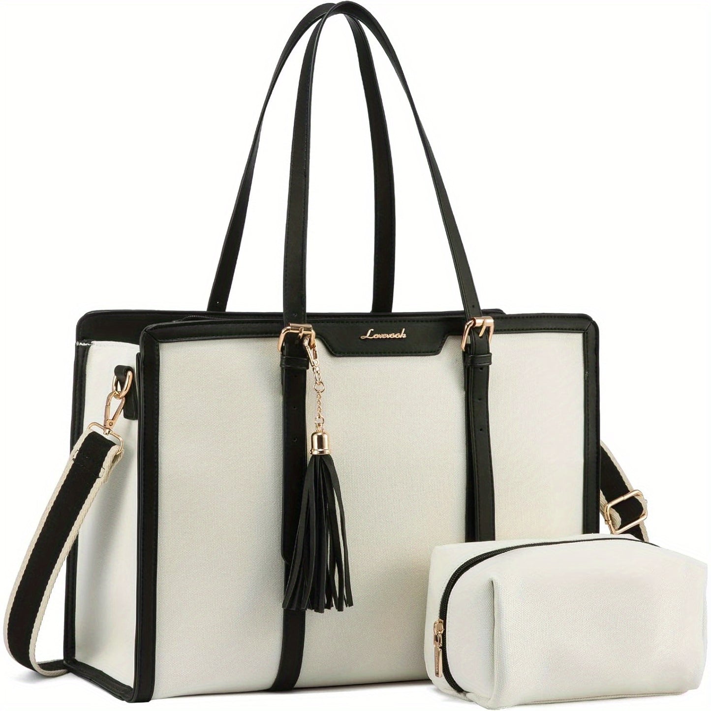 Women's 15.6 inch Laptop Tote Bag - Elegant Urban Style, White Canvas Leather with Zipper Closure - Business, Travel, Casual | Adjustable Strap | Durable Canvas Lining