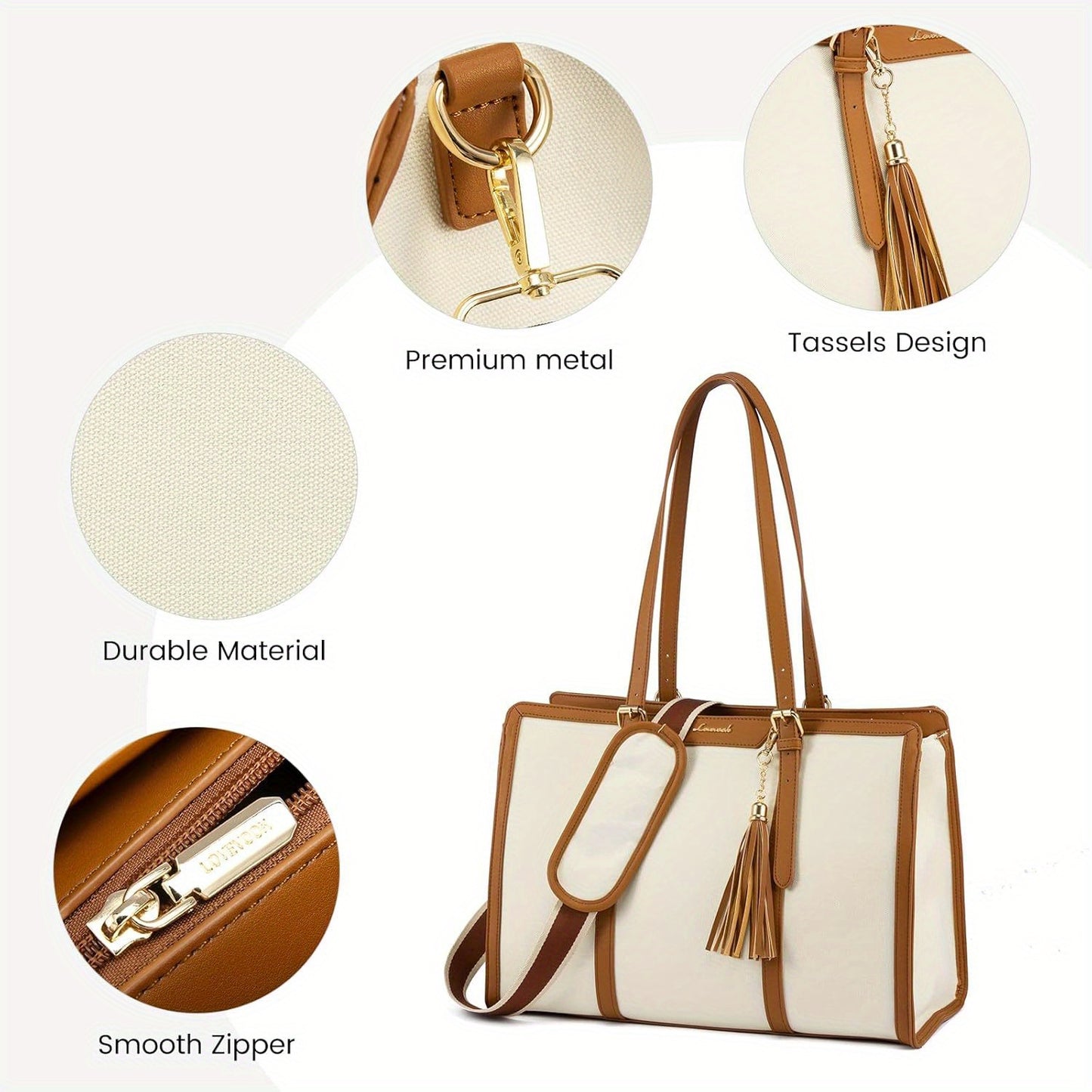 Women's 15.6 inch Laptop Tote Bag - Elegant Urban Style, White Canvas Leather with Zipper Closure - Business, Travel, Casual | Adjustable Strap | Durable Canvas Lining