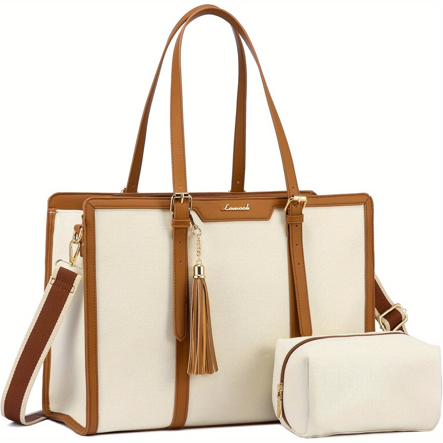 Women's 15.6 inch Laptop Tote Bag - Elegant Urban Style, White Canvas Leather with Zipper Closure - Business, Travel, Casual | Adjustable Strap | Durable Canvas Lining