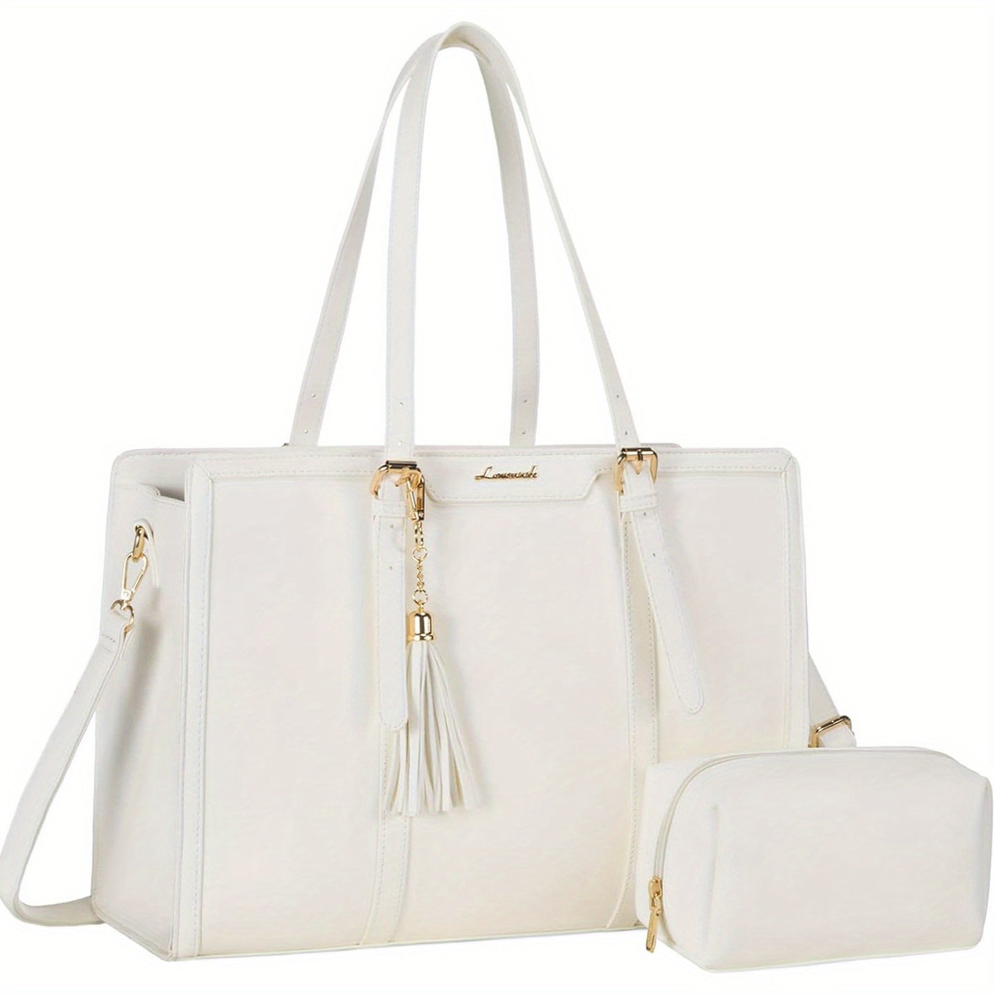 Women's 15.6 inch Laptop Tote Bag - Elegant Urban Style, White Canvas Leather with Zipper Closure - Business, Travel, Casual | Adjustable Strap | Durable Canvas Lining