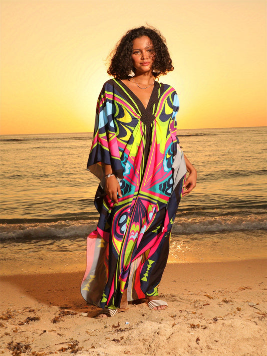Women's Black Pink Butterfly Printed Kaftan Dress Four Side Stretch V Neck Beach Cover Up Batwing Sleeve Robe Casual Home Holiday Plus Size Swimwear Cover Up Ethnic Style Dresses
