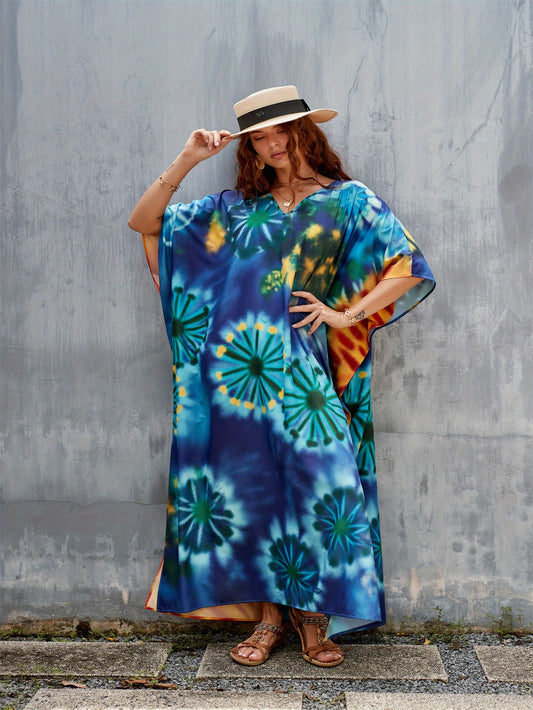 Women's Kaftan Dress Bohemian Printed Four Side Stretch V Neck Beach Cover Up Bat Sleeve Kaftan Robe Casual Home Holiday Plus Size Swimwear Cover Up Ethnic Dresses