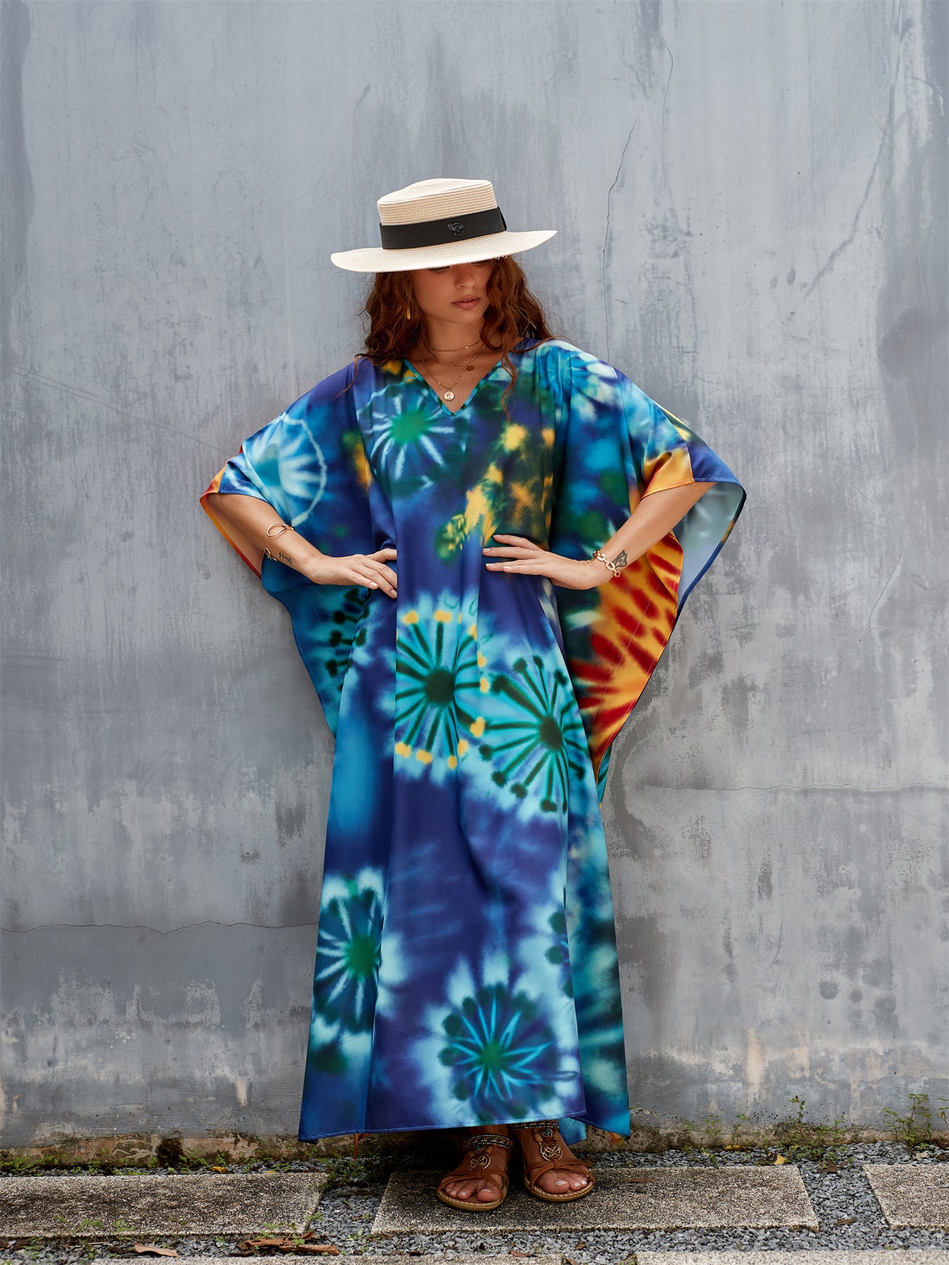 Women's Kaftan Dress Bohemian Printed Four Side Stretch V Neck Beach Cover Up Bat Sleeve Kaftan Robe Casual Home Holiday Plus Size Swimwear Cover Up Ethnic Dresses