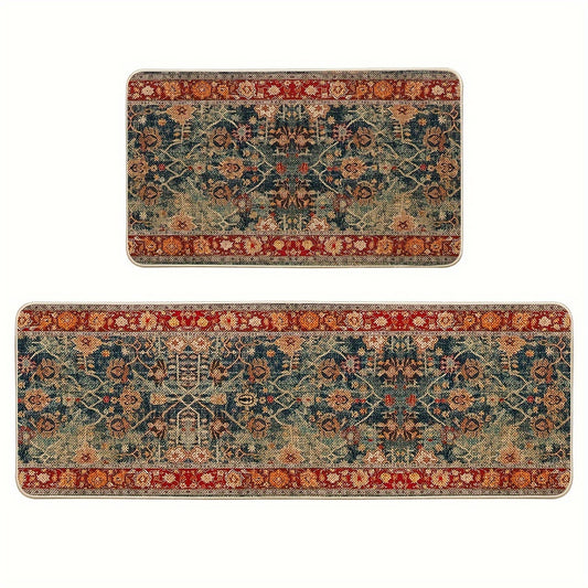 Red Floral Vintage Bohemia Kitchen Mats Set Of 1, Daily Boho Home Decor Low-Profile Kitchen Rugs for Floor