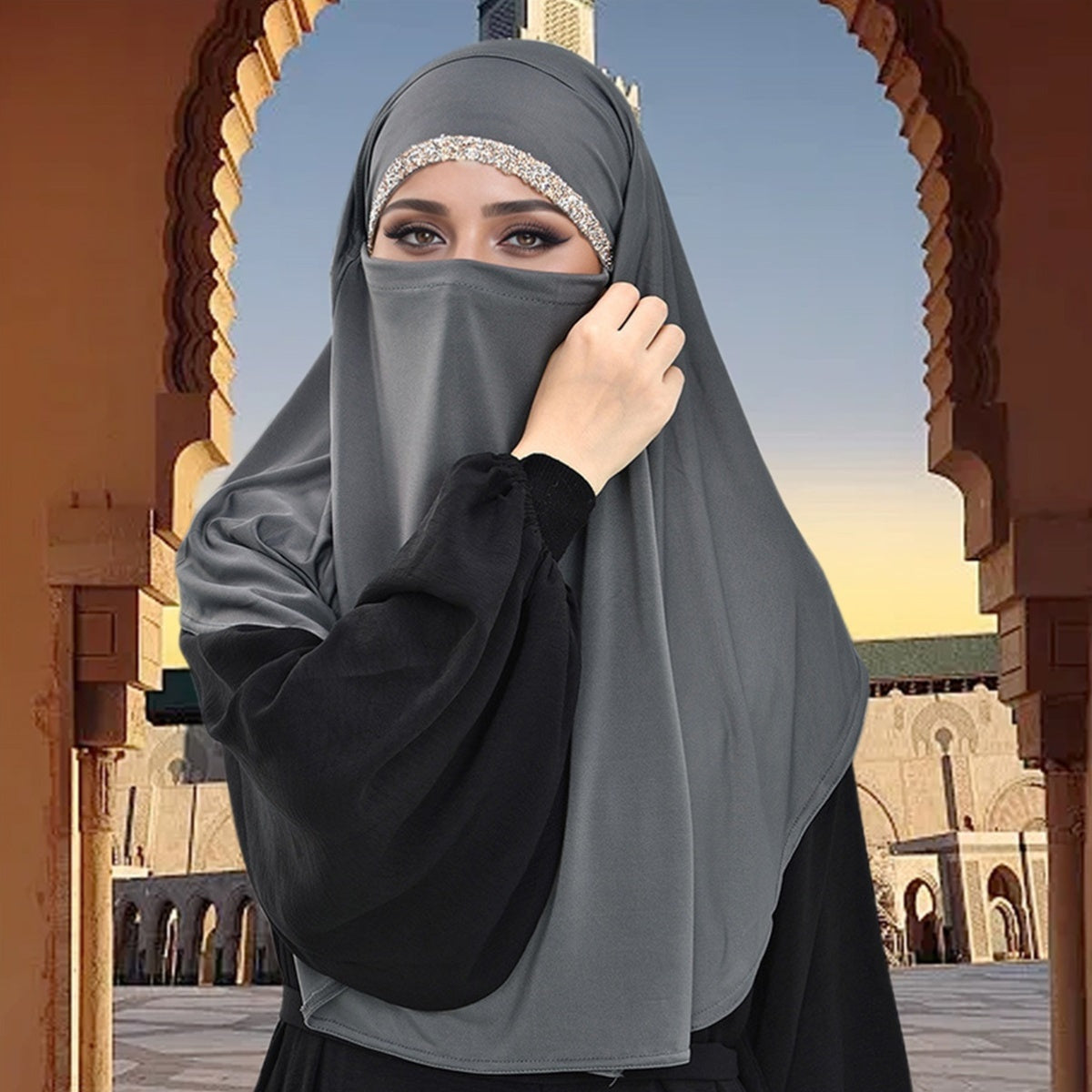 Women Khimar Abaya, Elegant Shiny Hot Fix Drills Hijab Scarf Lightweight Middle East Fashion Accessory