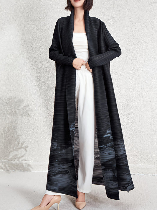 Elegant Dubai Muslim Abaya Cardigan Dress - High Elasticity Striped Pleated Long Robe with Adjustable Waist, Lightweight Comfort for Eid, Travel & Work | Spring Summer Fall A-Line Loose Fit Machine Washable, Modest Fashion, F