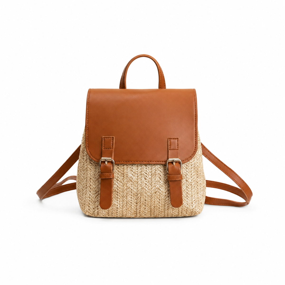 Tan Leather & Woven Straw Mini Backpack Handbag
