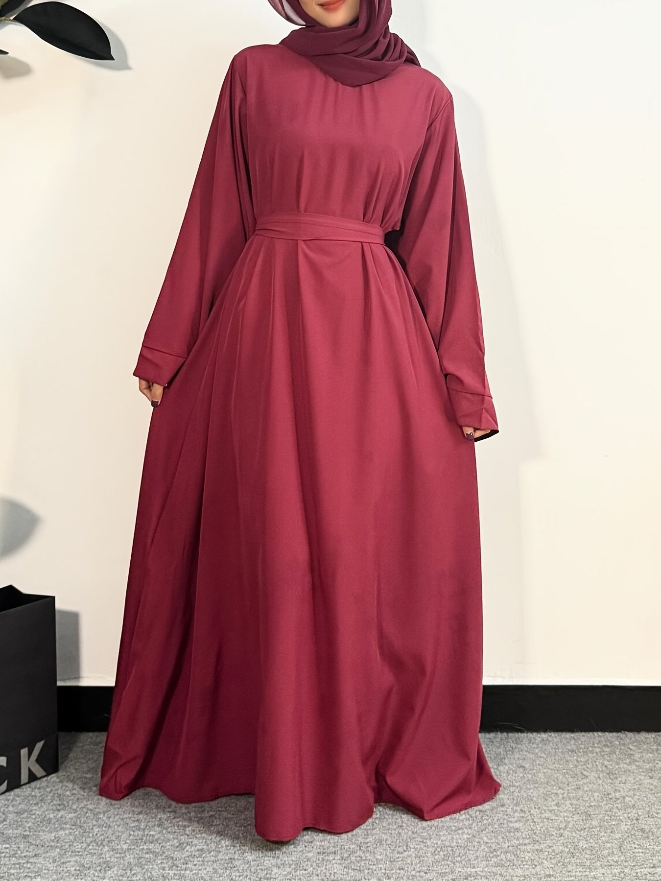 Women's Long Polyester Palestinian Abaya Kaftan with Belt - 100% Polyester, Solid Color, Regular Long Sleeve, Loose Fit, H-Contour, Woven, Non-Stretch, All Seasons, Full-Length Islamic Prayer Dress