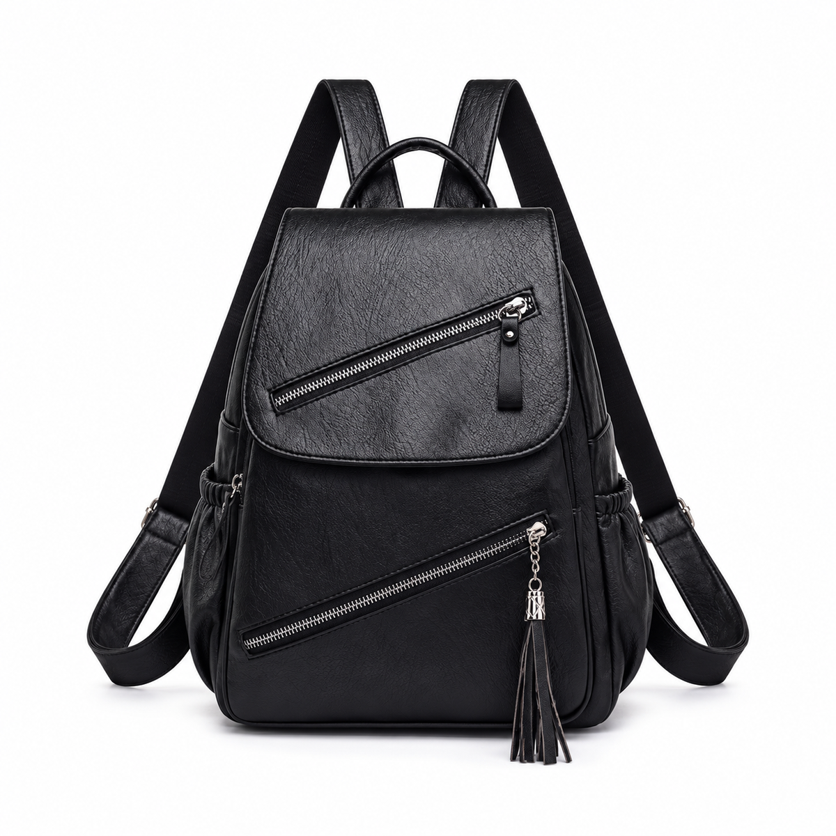 Black Textured Backpack With Tassel Detail