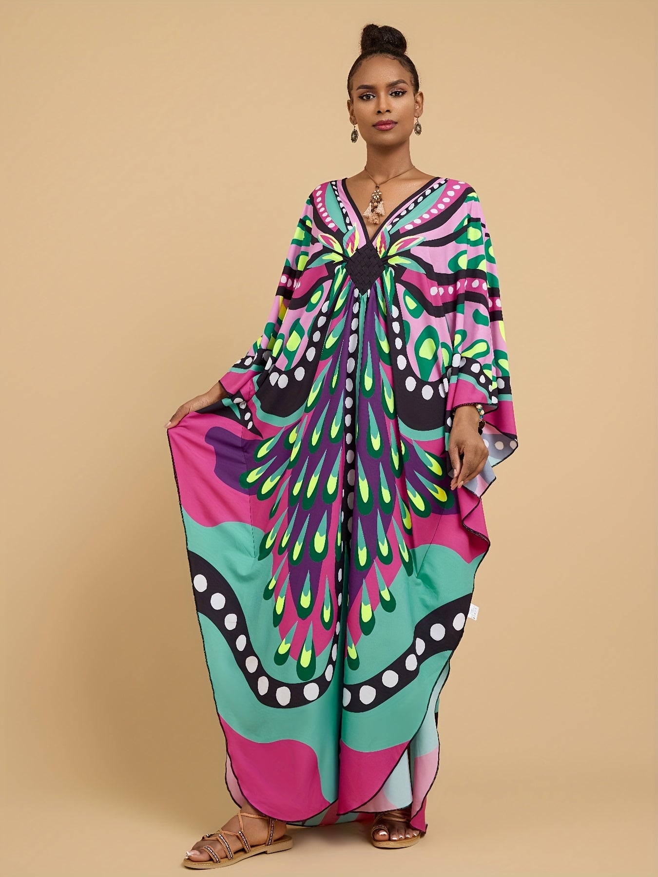 [Vibrant Kaftan Dress] Vibrant Colorful Kaftan Dress - All-Over Print V-Neck Loose Fit Maxi with Side Slit, Elegant Short Sleeve for Women, Perfect for Beach Vacations, Home Casual, and Middle Eastern Style, Beach Coverup Dress