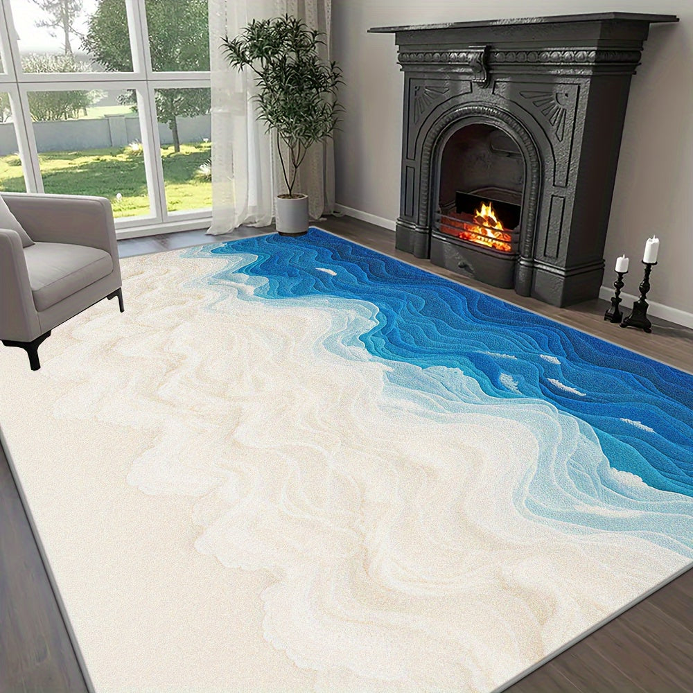 This Is a Large Floor Mat Designed with a Beautiful Seawater Beach Pattern, Featuring a Easy Style And Exquisite Hemming. It Is Made of Faux Cashmere with a Weight of 1200G Per Square Meter And a Thickness of 8.6Mm. The Rug I