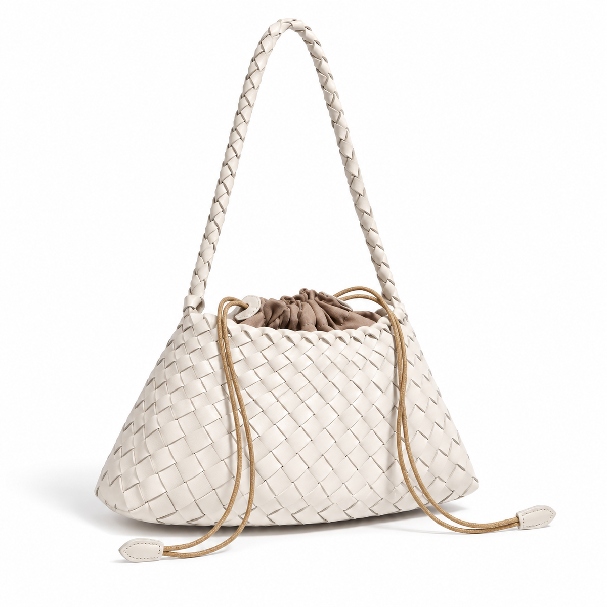 Ivory Woven Shoulder Bag With Drawstring