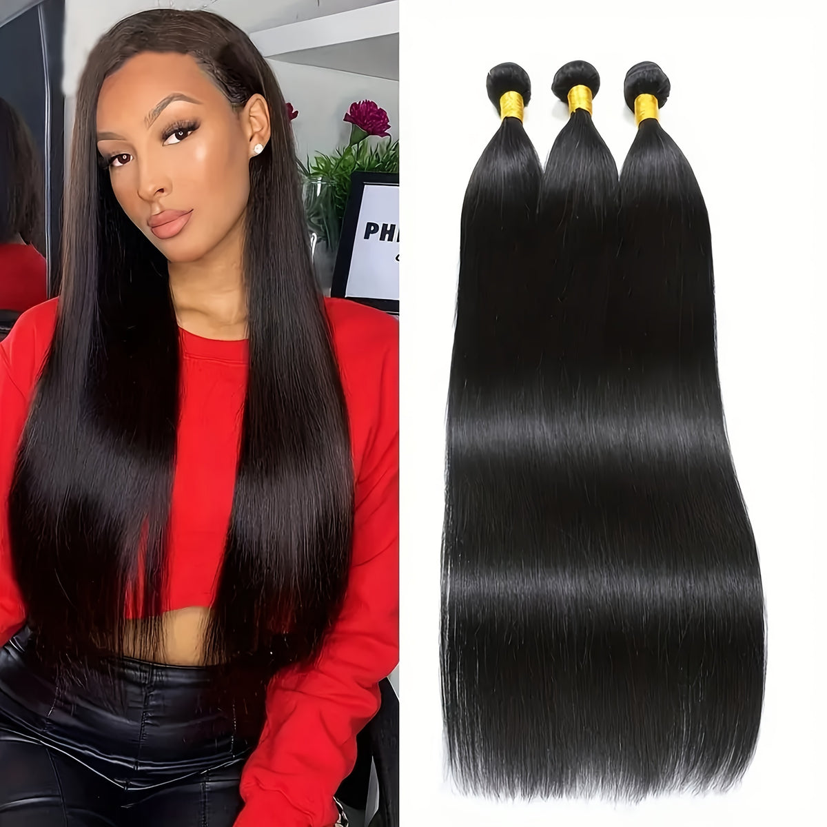 Three Bundles of Brazilian Straight Hair Made from 100% Unprocessed Human Hair, Featuring Double Wefts. These Virgin Straight Hair Extensions Are Designed for Women