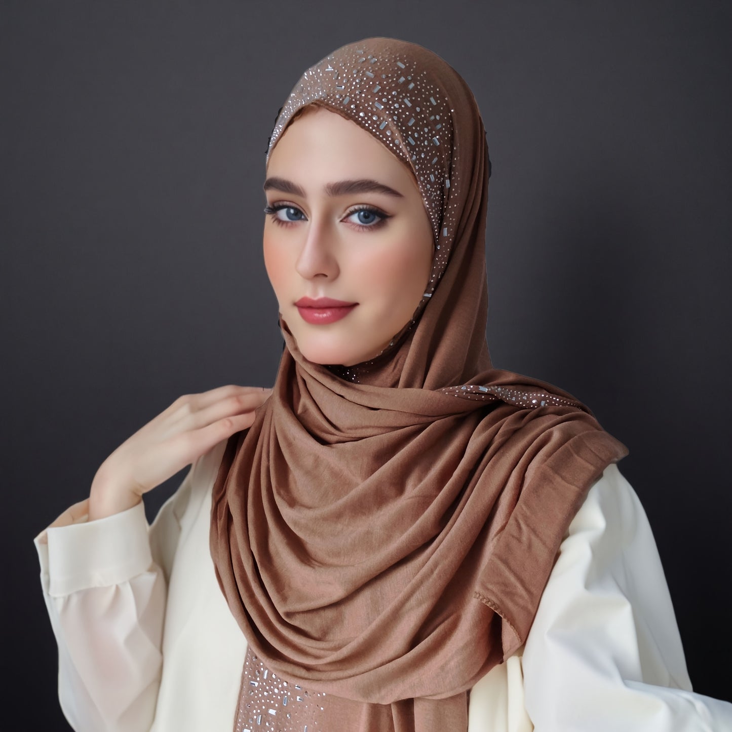 Elegant Black Stretch Bamboo Jersey Hijab Scarf Shawl for Women | Elastic Soft Large Headscarf with Sparkling Rhinestone Trim, Hand Washable Muslim Woven Head Cover & Hair Accessory, Modest Fashion