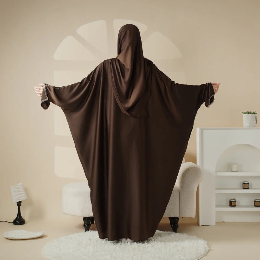 Batwing Emirati Abaya with Matching Hijab | Batwing Sleeve Abaya – Elegant Middle Eastern Arab, Islamic Style Shawl Robe Dress for Women, Long Skirt, Ramadan Prayer Outfit