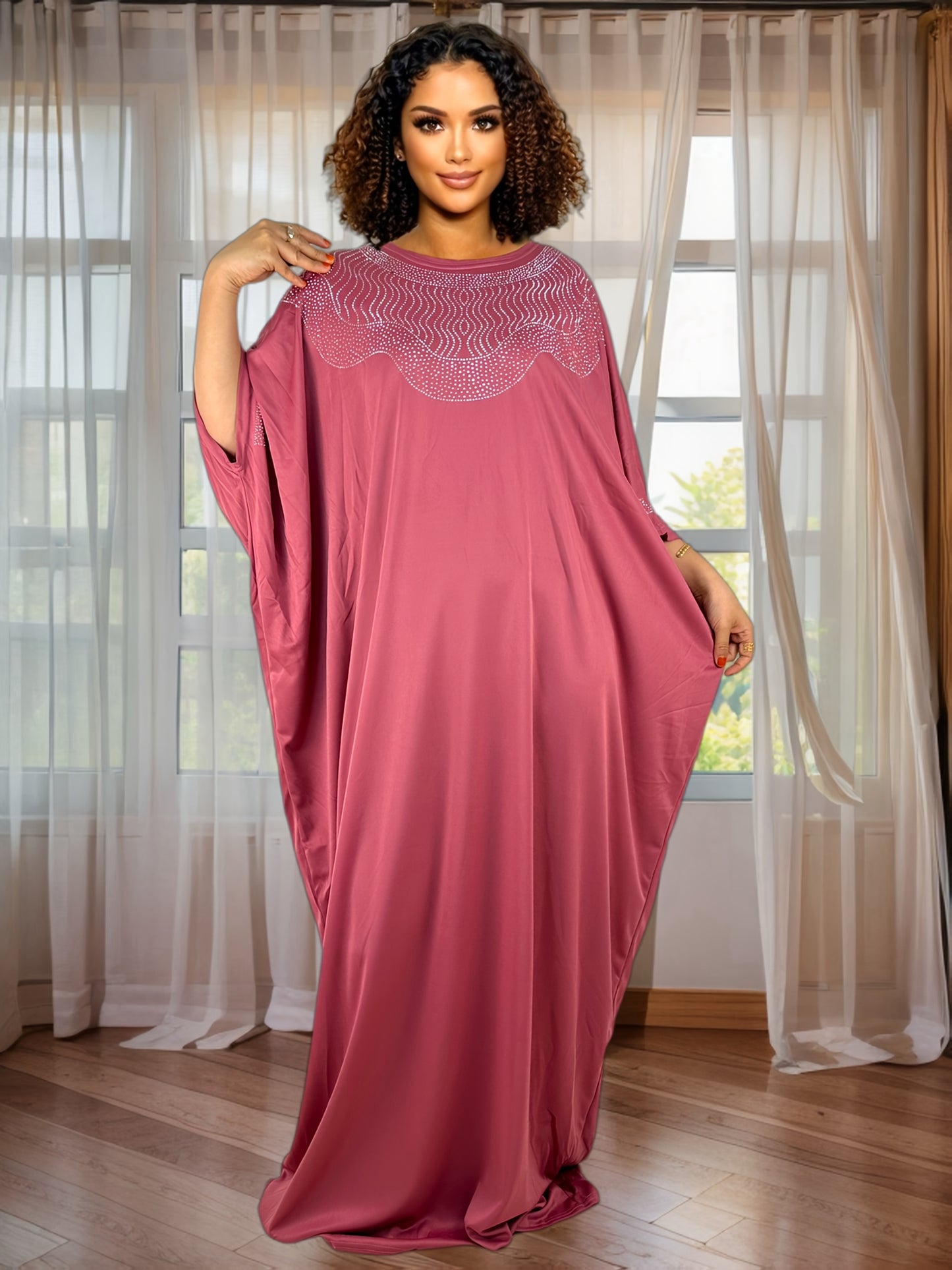 Plus Size - Plus Size - Zuan005#Black Long Robe with Rhinestones on The Front And Back