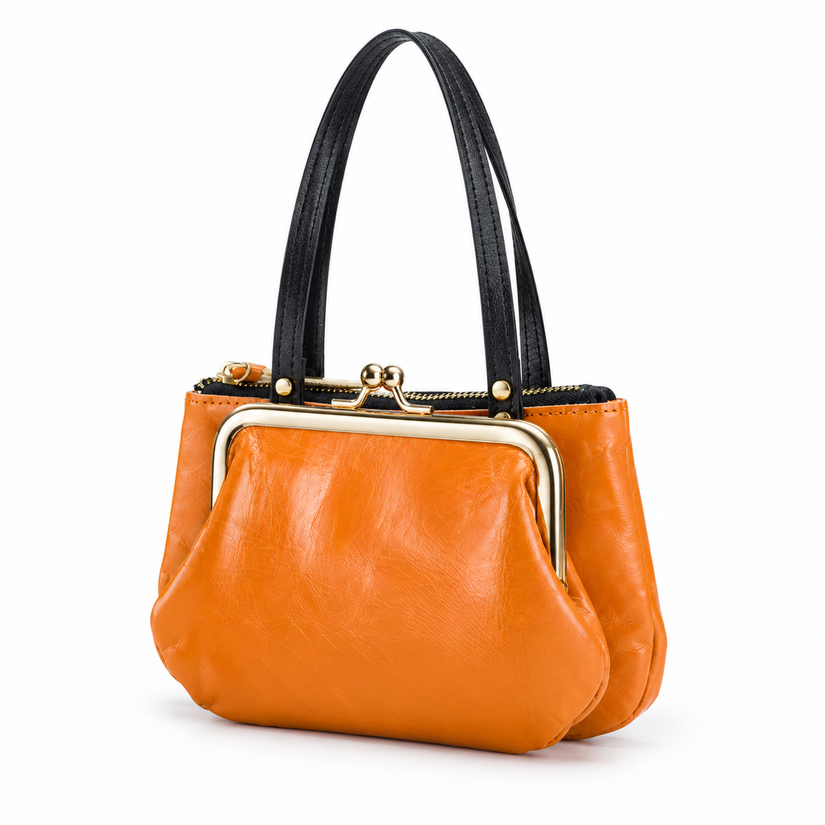 Orange Kiss Lock Double Handle Clutch