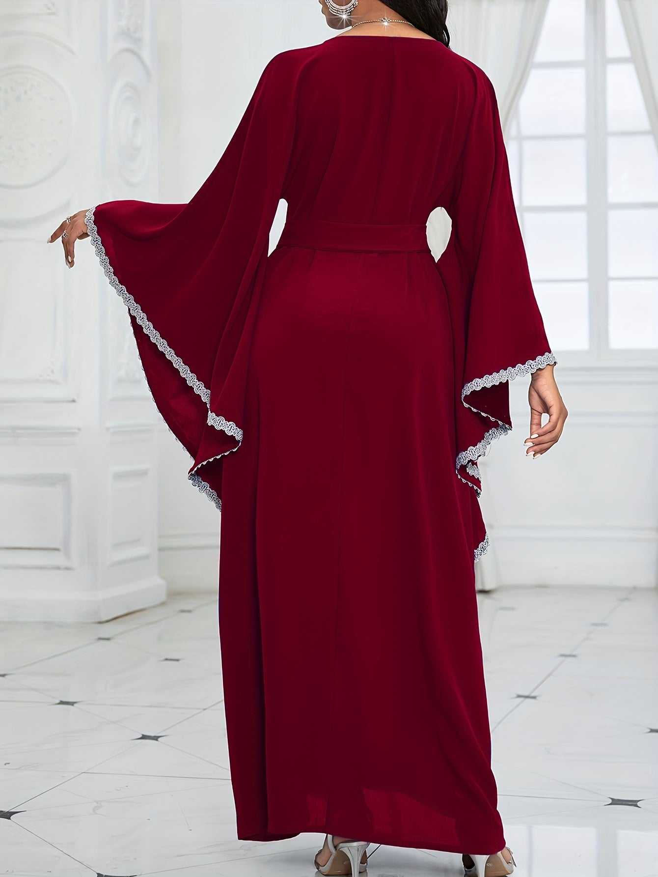 Women's Middle Eastern-Inspired Geometric Print Pakistani Abaya - Long Sleeve Belted Waist Floor-Length Dress with Pockets, Breathable Fabric for Spring/Summer