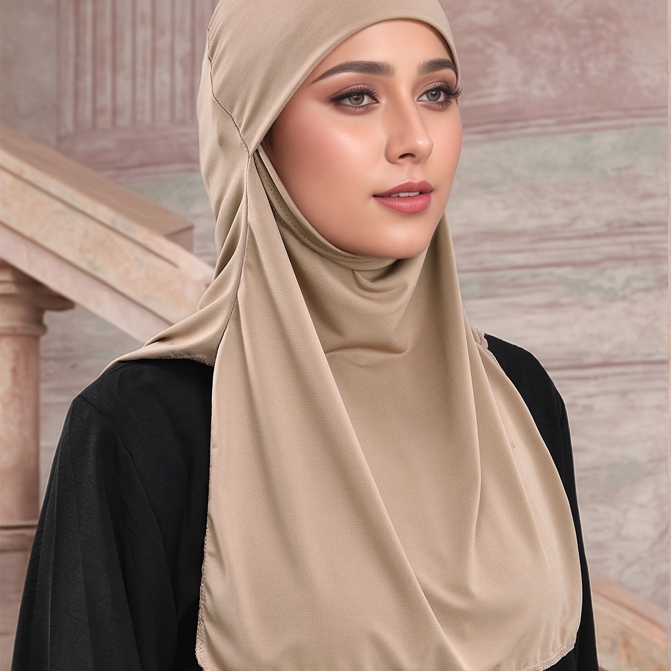 Elegant Muslim Women's Large Khimar Abaya - Asymmetrical Design, Solid Color, Versatile Base for Hats, Machine Washable All-Season Traditional Hijab, Hijab Scarf, Outdoor Light Beige Protection