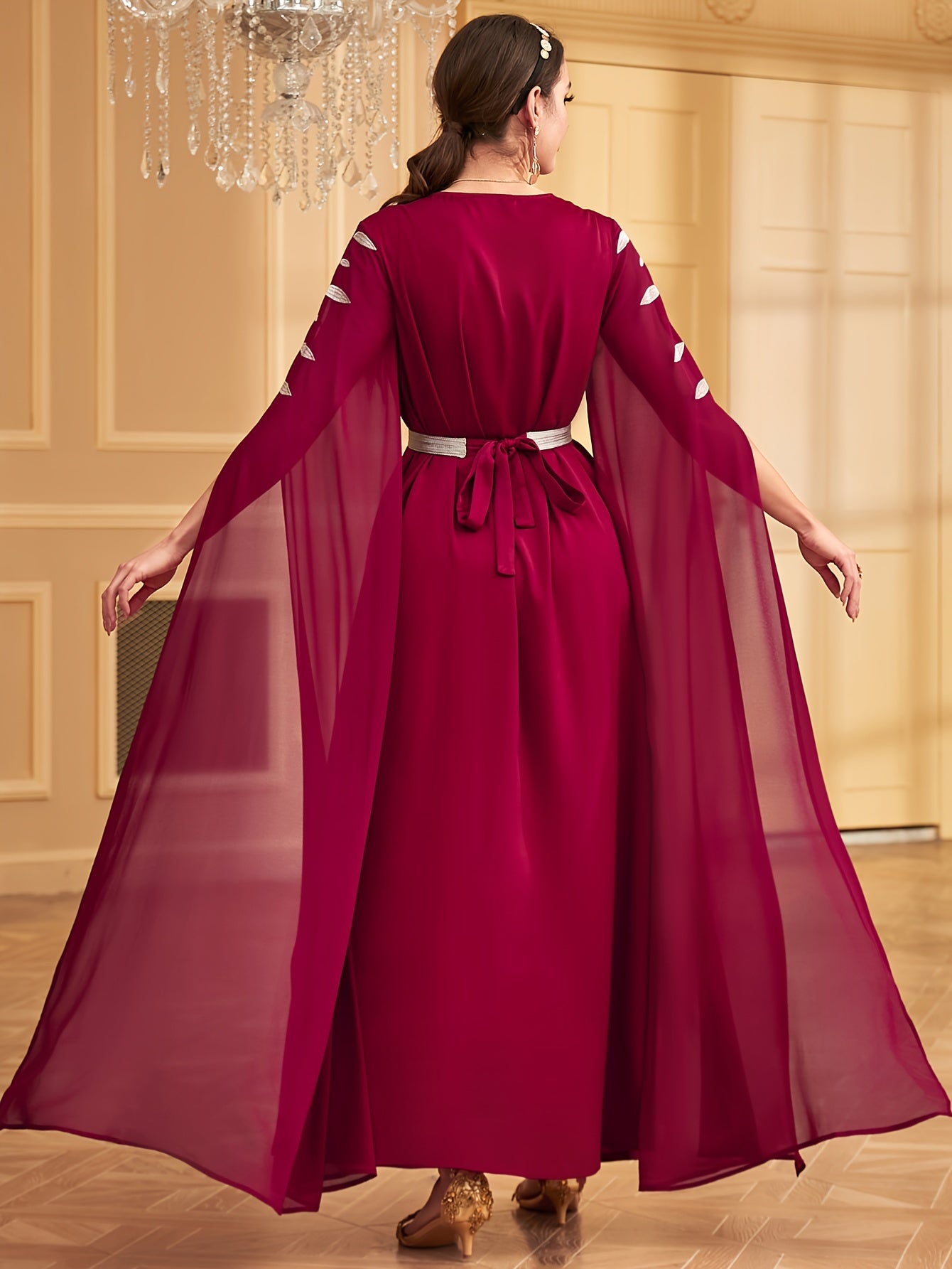 Middle Eastern-Inspired Embroidered Burgundy A-Line Kaftan Abaya with Ultra-Long Sleeves, Cinched Waist & Exaggerated Hem - Machine Washable Formal & Casual Elegance, Special Occasion