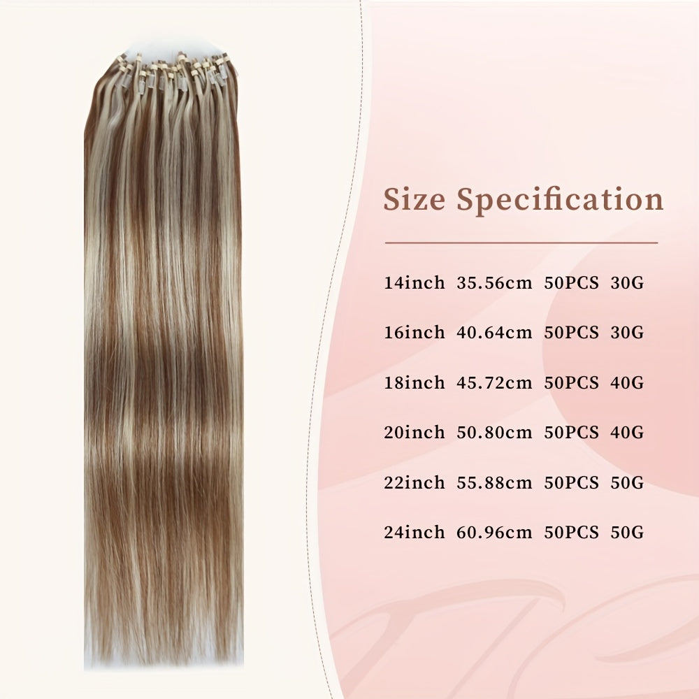 50 Strands of DNE Hair Microlink Human Hair Extensions Ranging from 14 to 24 Inches in Light Brown And Blonde, Featuring Straight Hair with Cold Fusion Micro Loop Invisible Seamless Bead Extensions Designed for Women. Made fr
