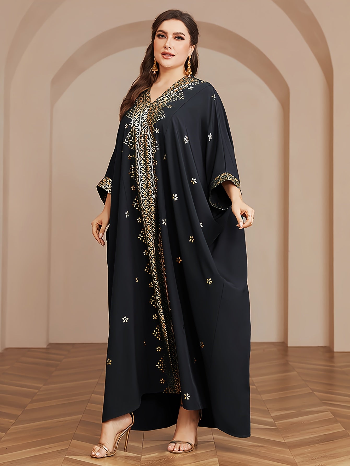 Polyester Long Kaftan | V-Neck Tribal Pattern Woven Non-Stretch, Middle East Golden Tassel, Batwing Sleeve Abaya, Plus Size, All Season