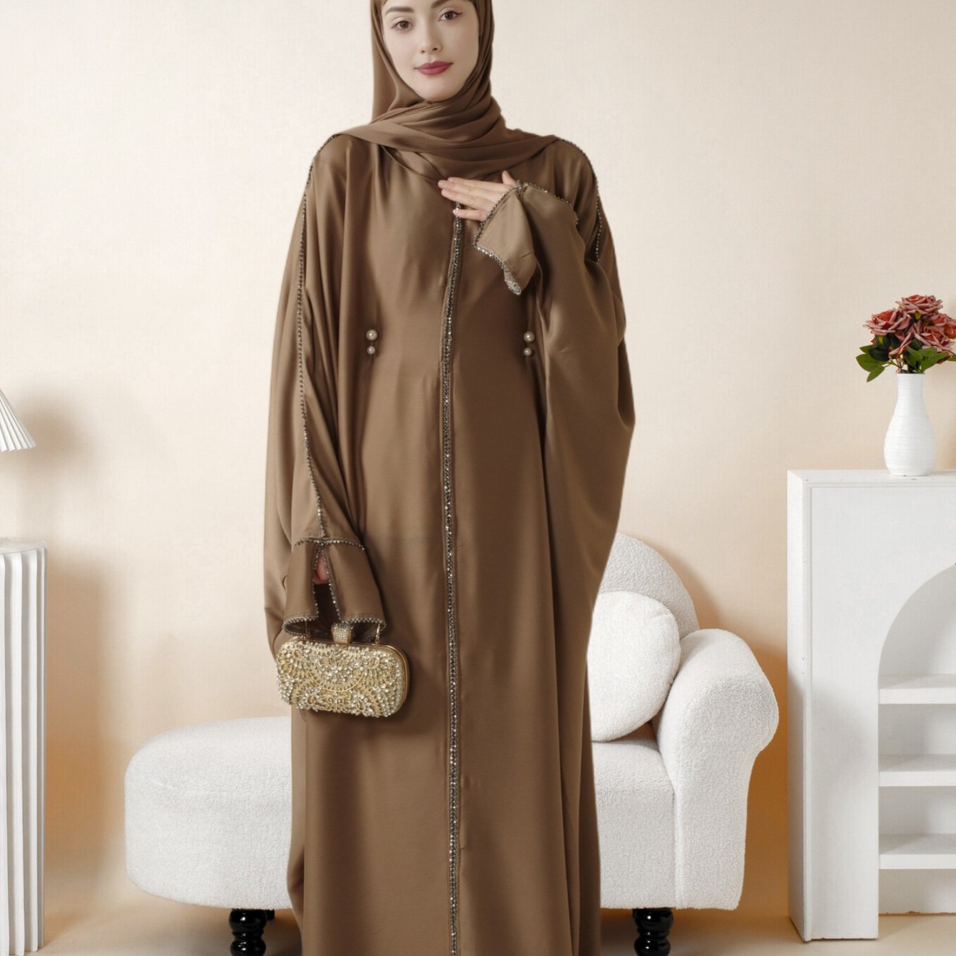 Batwing Emirati Abaya with Matching Hijab | Batwing Sleeve Abaya – Elegant Middle Eastern Arab, Islamic Style Shawl Robe Dress for Women, Long Skirt, Ramadan Prayer Outfit