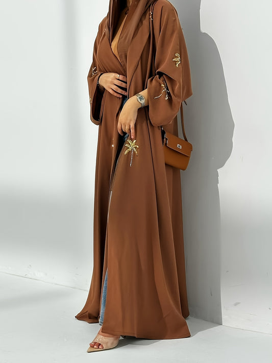 Elegant Brown Kimono Abaya with Golden Embroidery - Modest Long Dress for Women, Perfect for Casual Outings, All-Season Comfort, Casual Abaya | Elegant Abaya | Sequin Embroidery