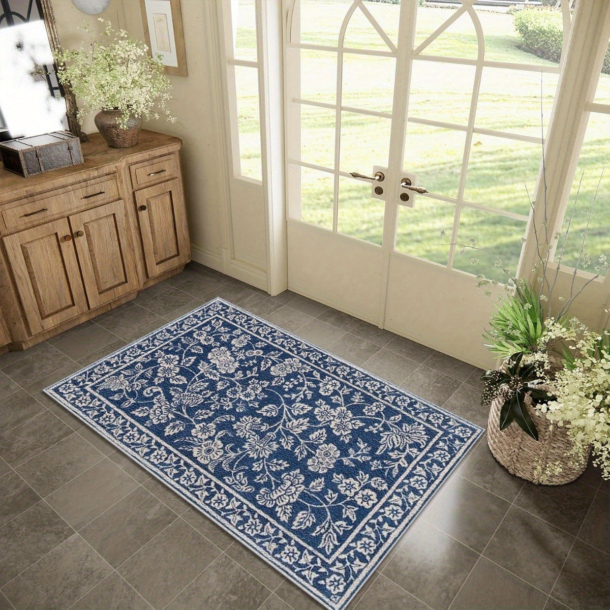 1pc Bohemia Blue and White Floral Patterned Area Rug, Easy to Maintain, Foldable Indoor Printed Floor Mat, Soft and Durable Machine-Washable Carpet, Suitable for Living Room, Bedroom, Dining Room, Hallway, Balcony, Home Decor
