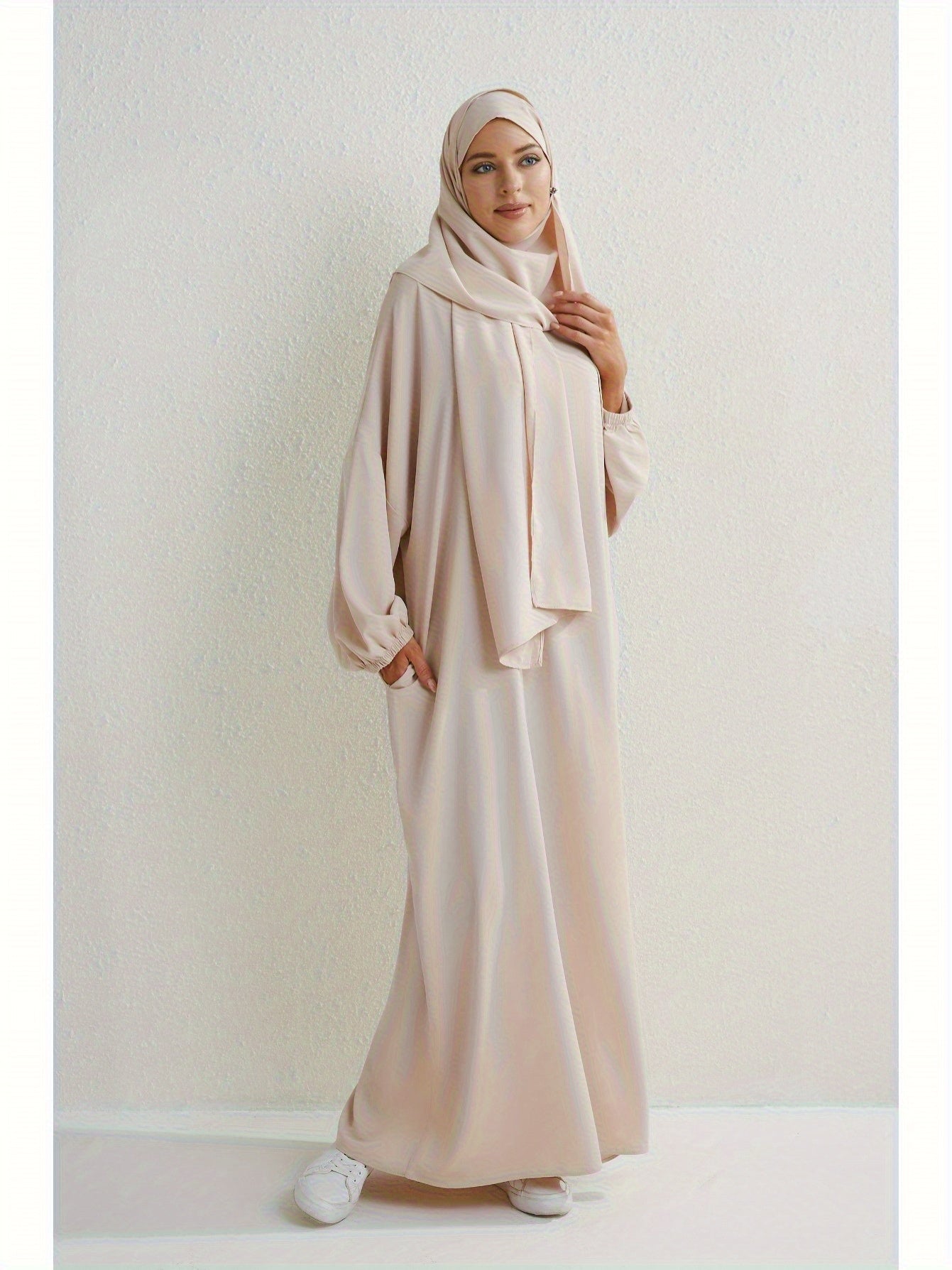 Elegant Islamic Hijab Dress for Women - Kaftan Style with Headscarf, Modest Middle Eastern Long Skirt Jibab Abaya, Loose Fit H-Silhouette, Long Sleeve Asymmetrical Hem, Solid Color Beige, Machine Washable for Ramadan Prayer & All Occasio