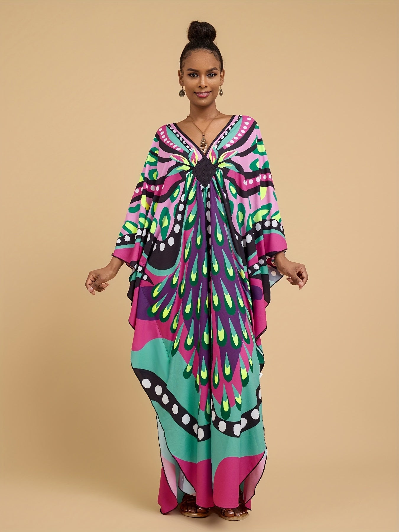 [Vibrant Kaftan Dress] Vibrant Colorful Kaftan Dress - All-Over Print V-Neck Loose Fit Maxi with Side Slit, Elegant Short Sleeve for Women, Perfect for Beach Vacations, Home Casual, and Middle Eastern Style, Beach Coverup Dress