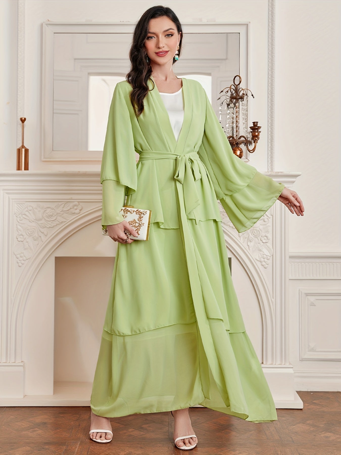 Ramadan Layered Open Front Modest Pakistani Abaya, Long Sleeve Muslim Dress With Belted, Without Hijab, Women's Clothing
