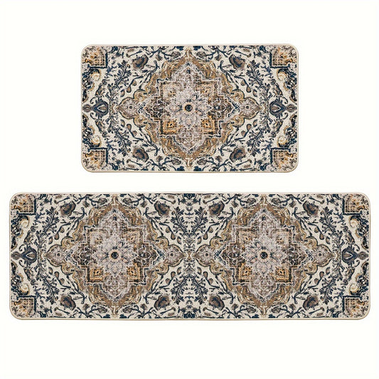 2pcs/set Flowers Bohemia Kitchen Mats, Daily Boho Home Decor Low-Profile Kitchen Rugs For Floor - 17x29 Inches And 17x47 Inches
