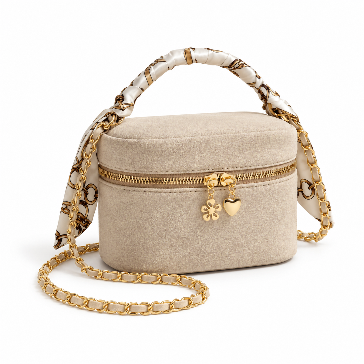 Beige Scarf Handle Crossbody Vanity Bag