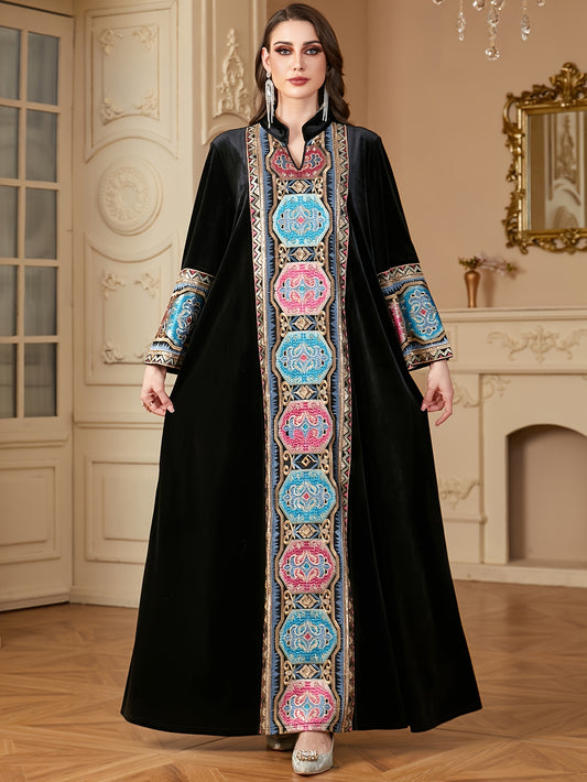 Women's Middle Eastern-Inspired V-Neck Long Sleeve A-Line kaftan Abaya - Burgundy with Multicolor Embroidery, Loose Fit Floor-Length Traditional Elegance for Autumn/Winter, Machine Washable