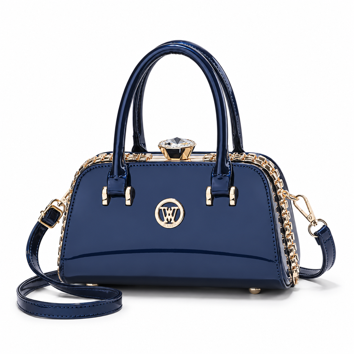 Navy Blue Glossy Crystal Clasp Handbag