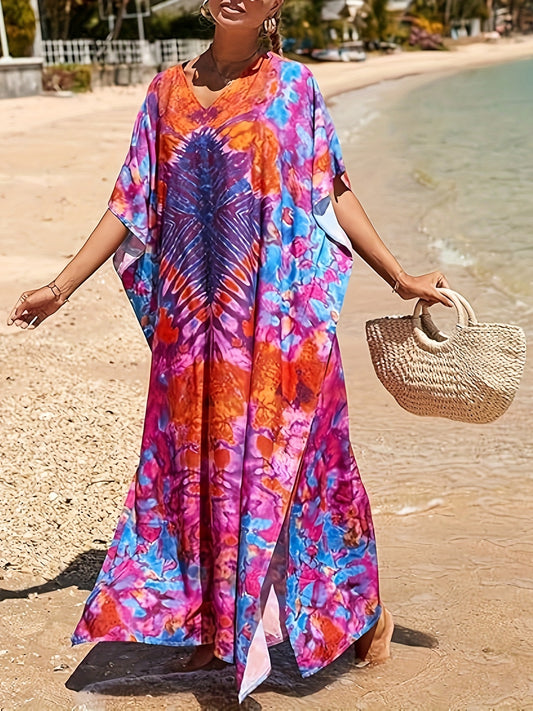 Loose Beach Cover Up Short Sleeve Casual Kaftan Dress For Women Swimsuit Coverup Orange Red